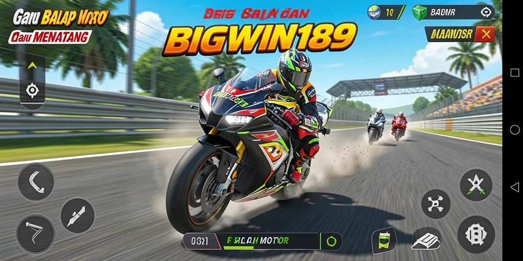 Tampilan antarmuka balap motor yang menarik dan penuh warna.