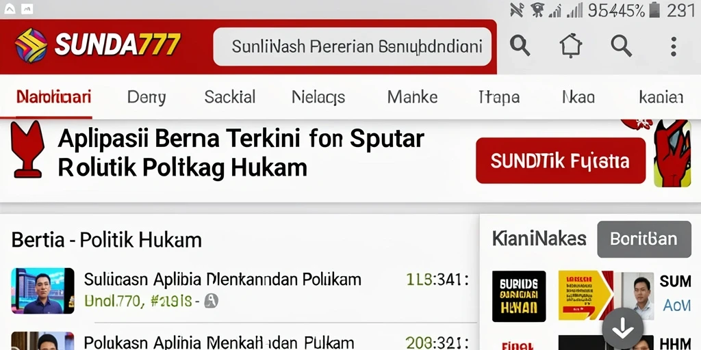 Antarmuka aplikasi SUNDA777 menampilkan berita politik dan hukum terkini.